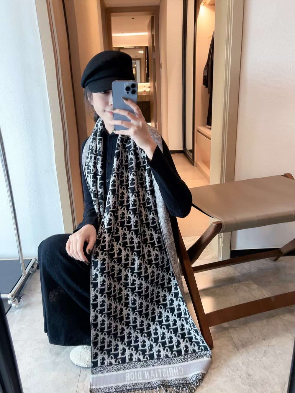 Dior Monogram Fringe Scarf — model