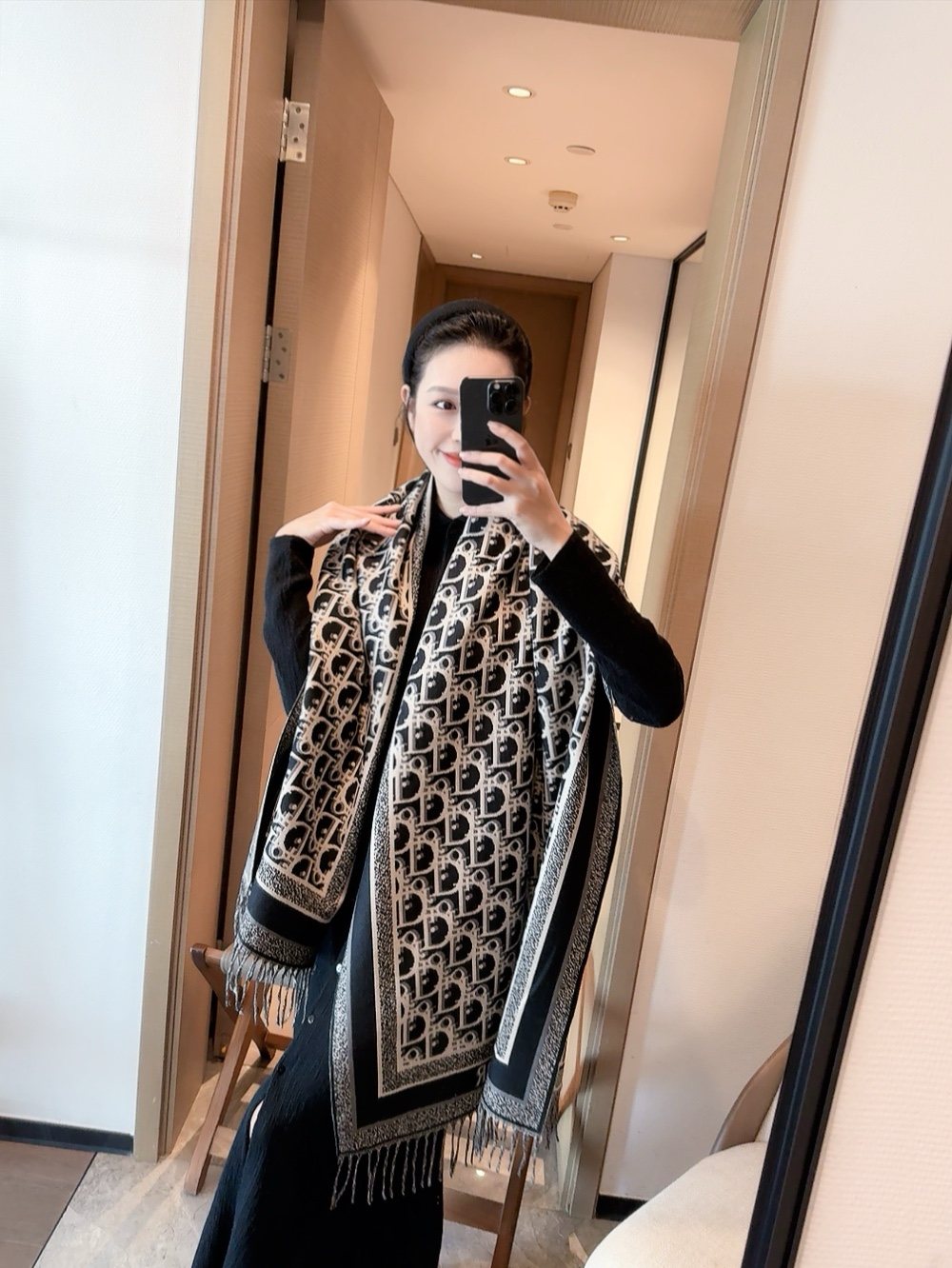 Dior Patterned Fringe Scarf — model