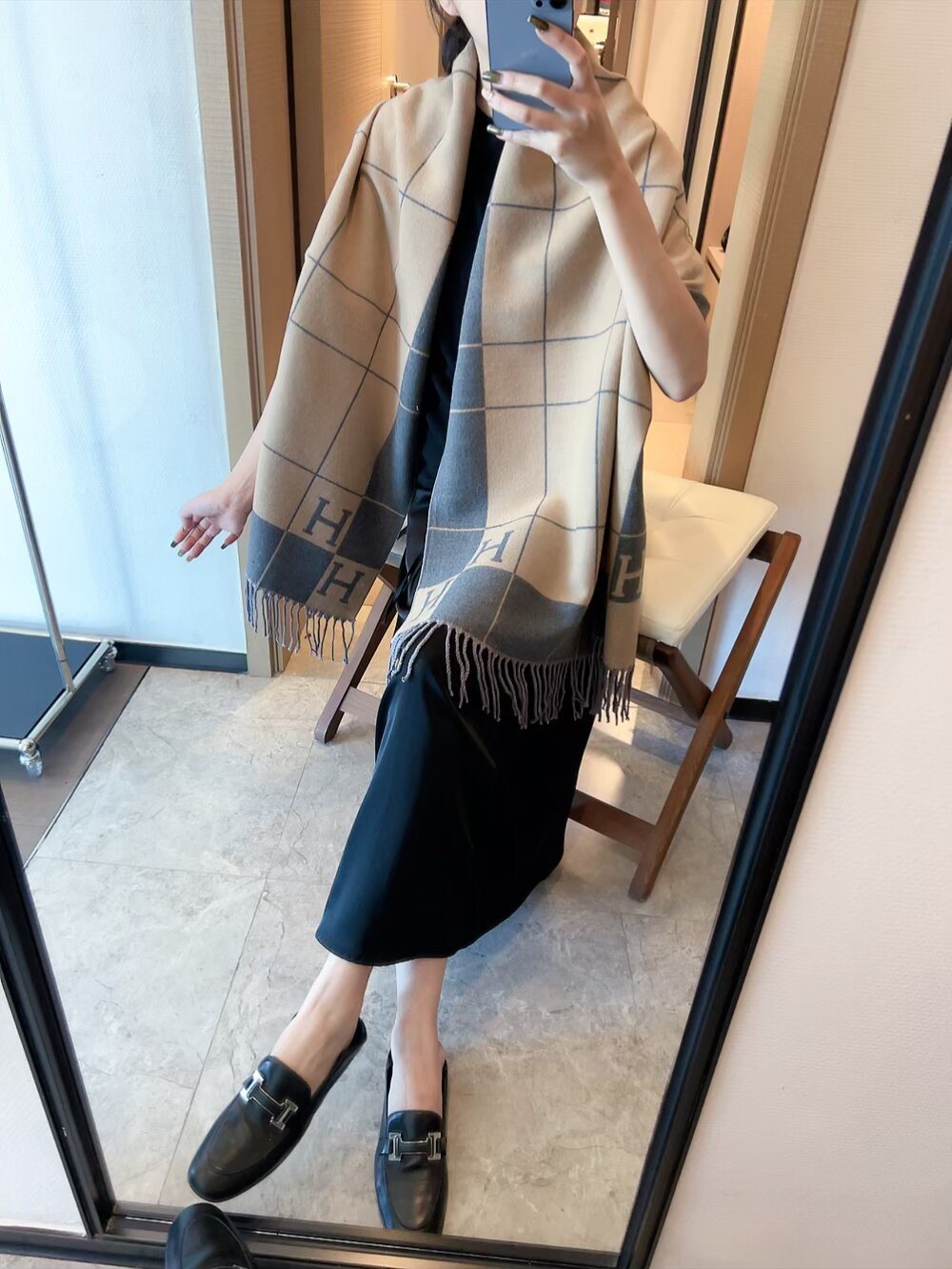 Hermès Light Beige and Black Grid Fringed Scarf — model