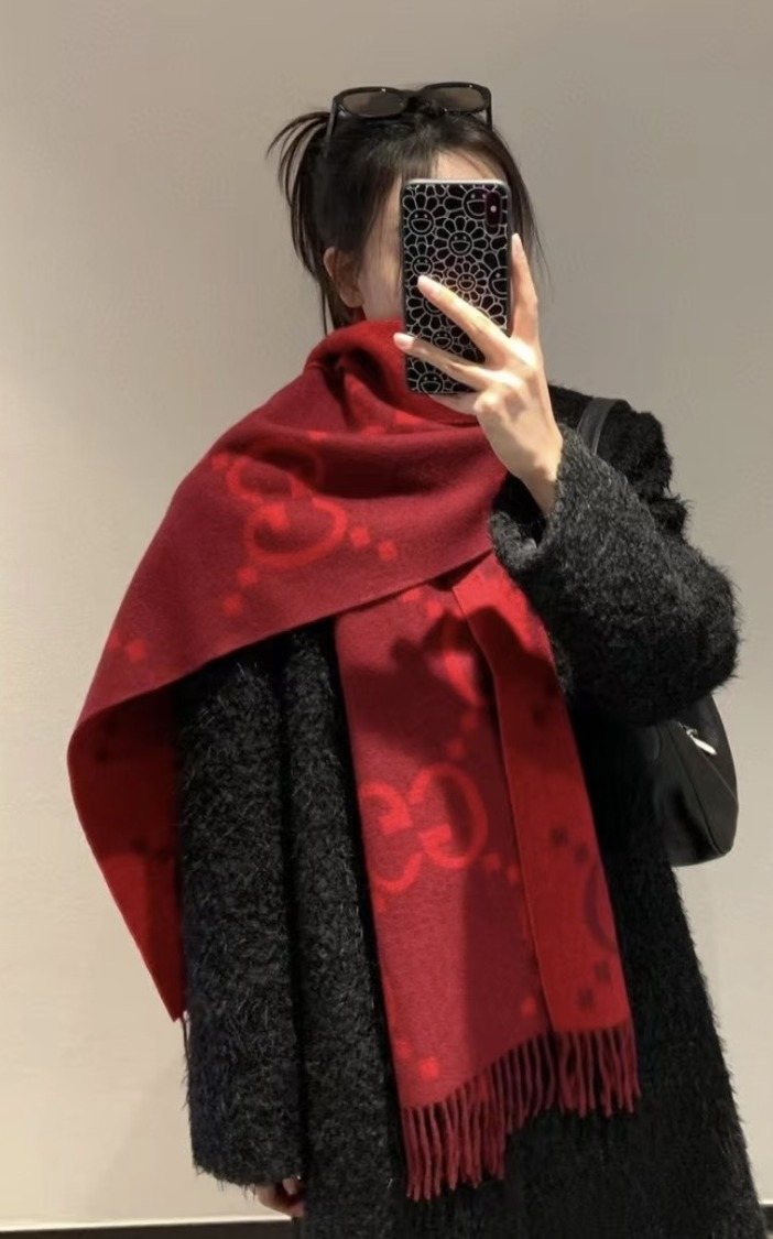 Deep Red Patterned Fringed Scarf Shawl — hero