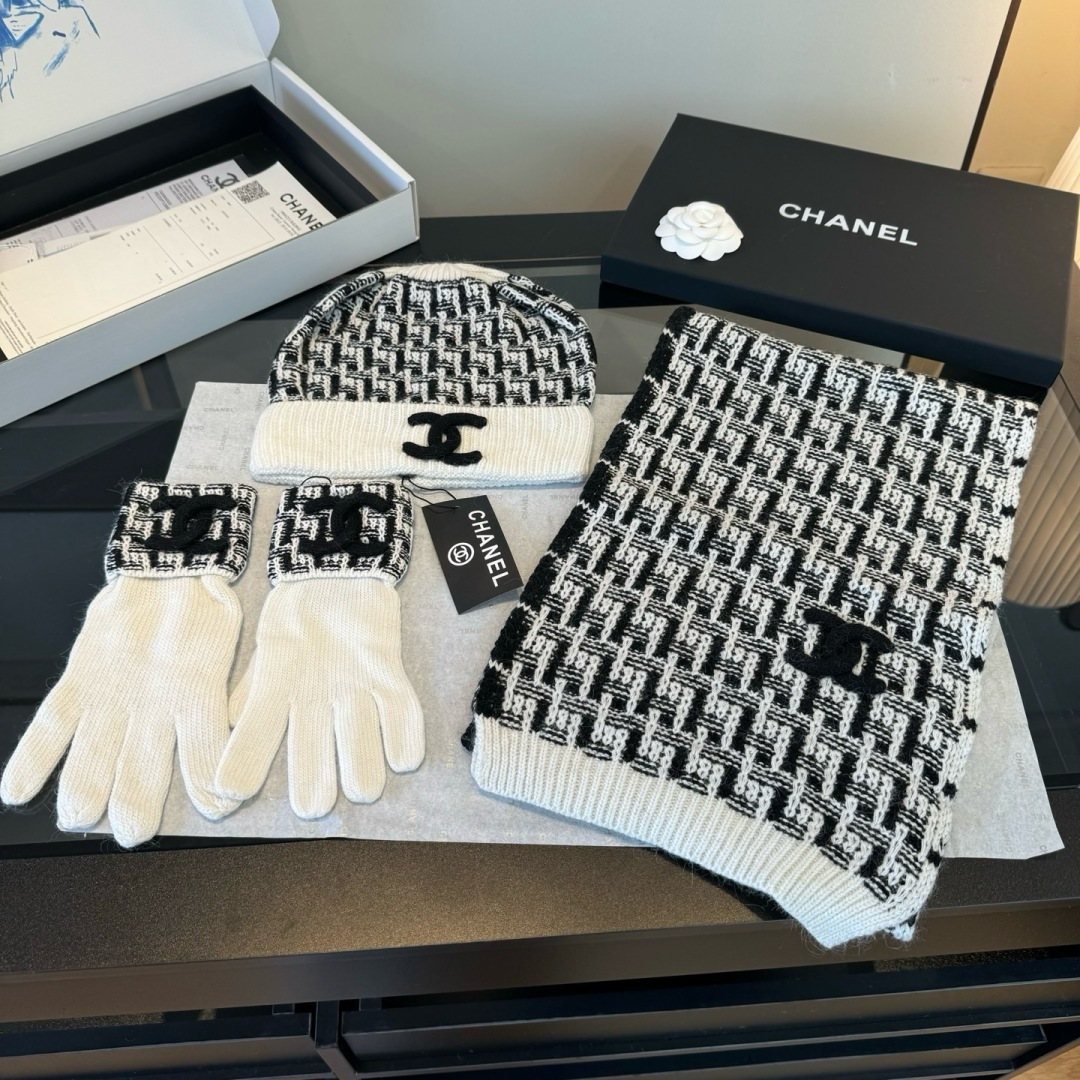 Chanel Logo Knit Hat, Scarf & Gloves Set — front